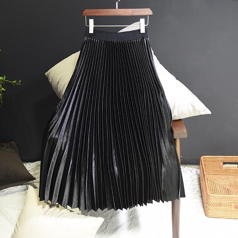 Women 11 Colors Satin Pleated Midi Skirt Elegant Elastic Waist Solid Color A-line Skirt