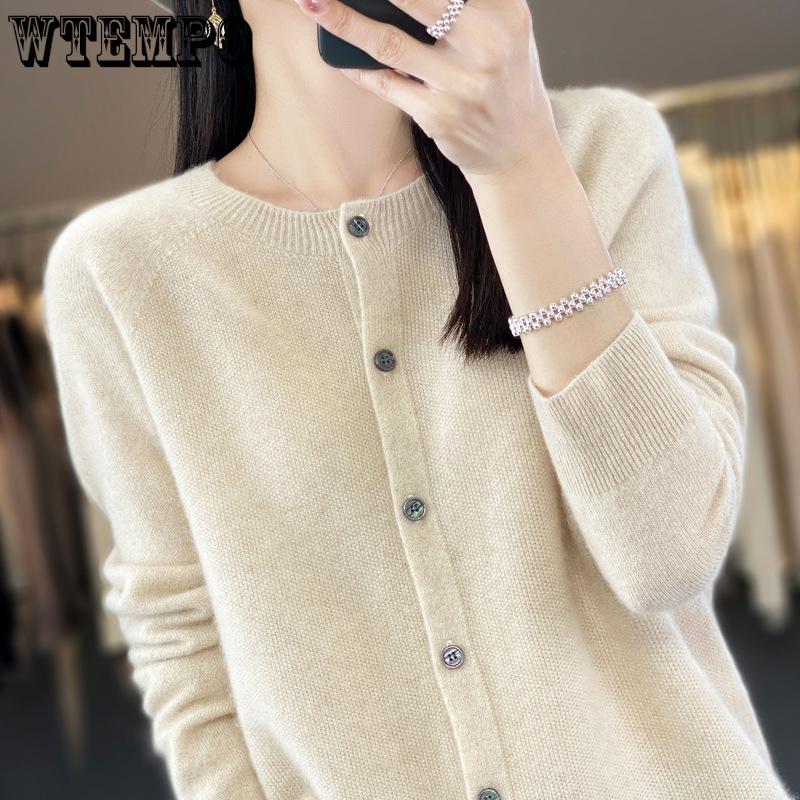 Knitted Cardigan Women's Spring and Autumn Simple Loose Sweater Coat Round-neck Long-sleeved Casual Sweater Cardigan