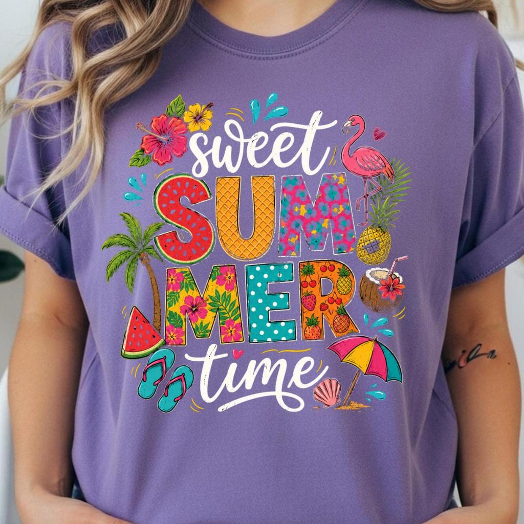 Summer Graphic Tee Tropical Shirt women Unisex Sweet Time Flamingo Vacation Beach Nostalgia Vintage Floral Hand Drawn Design Garment Dyed