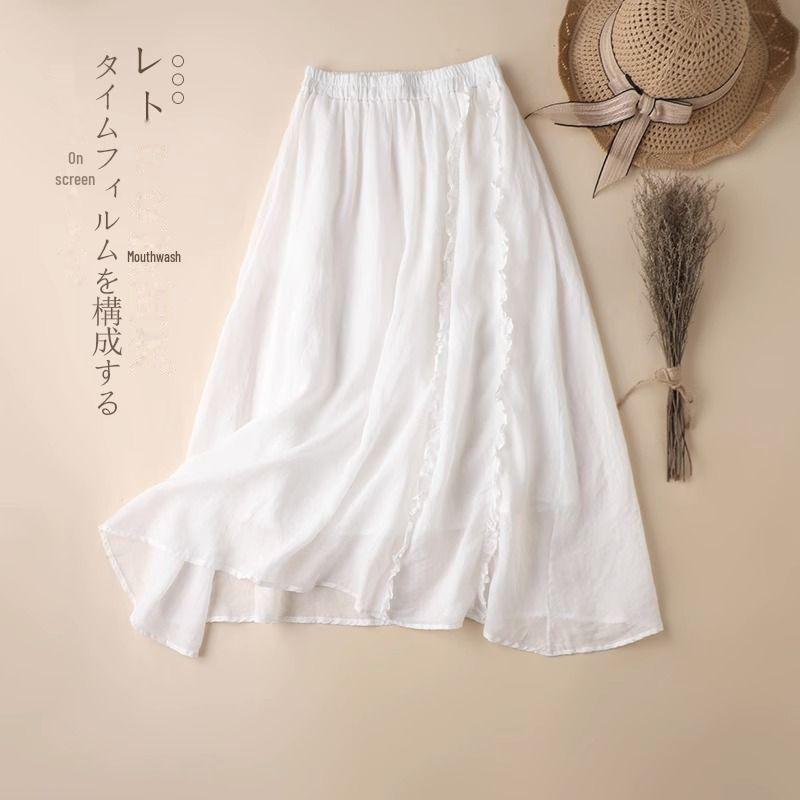 Trendy Cotton-Linen High-Waisted A-Line Skirt: Mid-Length with Ruffled Edges for a Slimming, Drapey Fit.