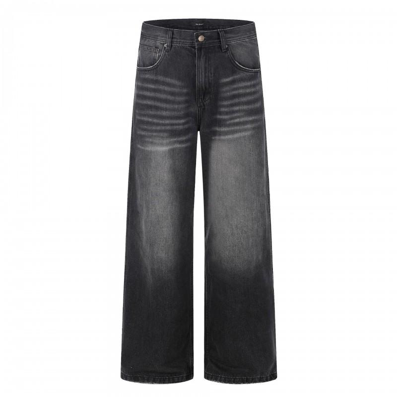 Unisex Retro Washed Black Denim Jeans Loose Straight Cut High Street Style Cotton Blend