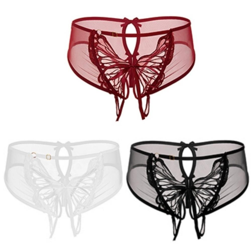 Sheer Mesh Ribbon Bow Briefs Embroidery Butterfly Panties Fashion Open Crotch Briefs Ladies Girls