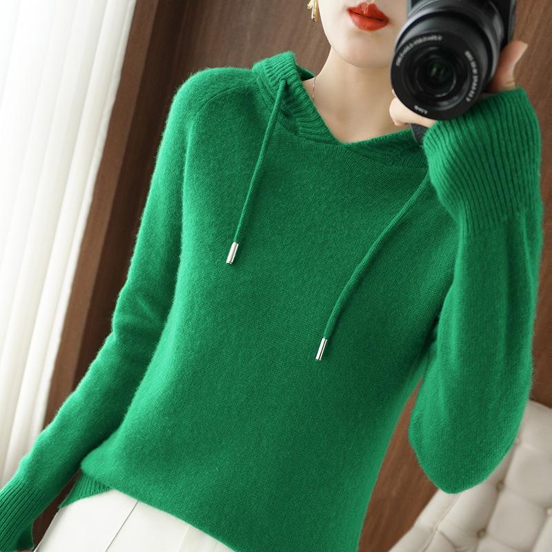 Autumn Winter Korean Ladies Hooded Long Sleeve Knitted Sweater Outerwear Zipper Solid Color Women's Fashion Top