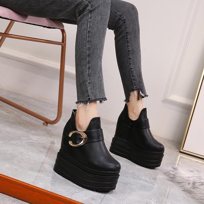 Gdgydh Модные женские ботильоны на танкетке с пряжкой, короткие ботинки на плоской платформе и каблуке с металлическим декором, увеличивающие рост, на молнии
