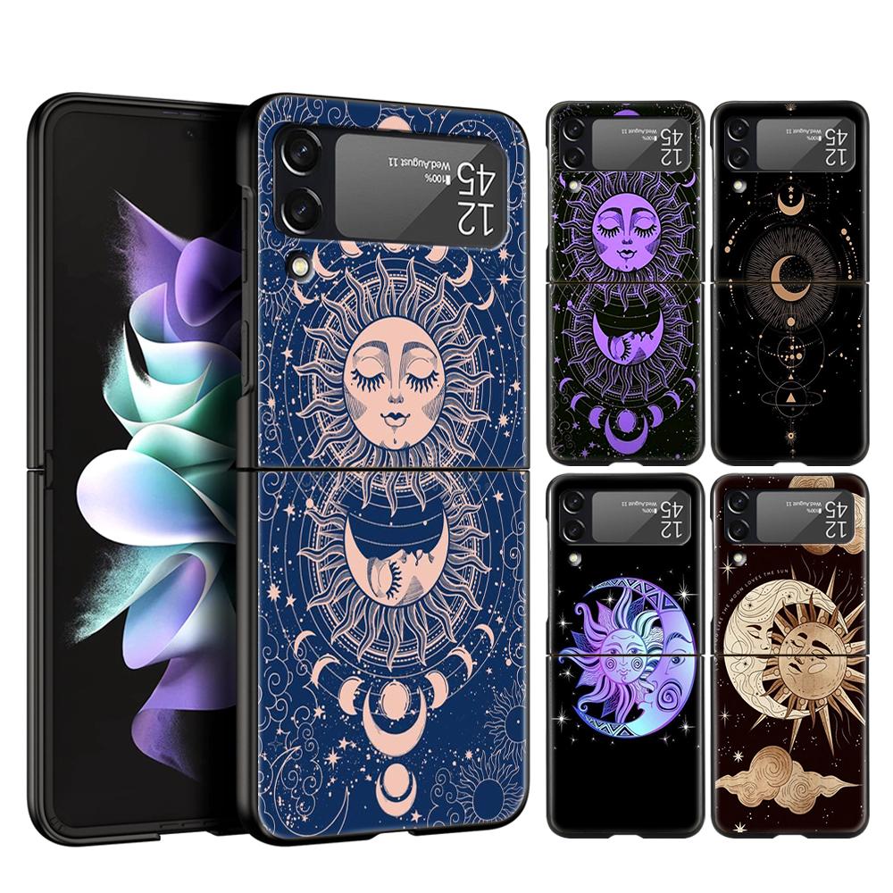 Suns Moons Clouds Astrological Hard PC Phone Case For Samsung Galaxy Z Flip 5 4 3 Black Cover For Galaxy Z Flip 6 Foldable Cases