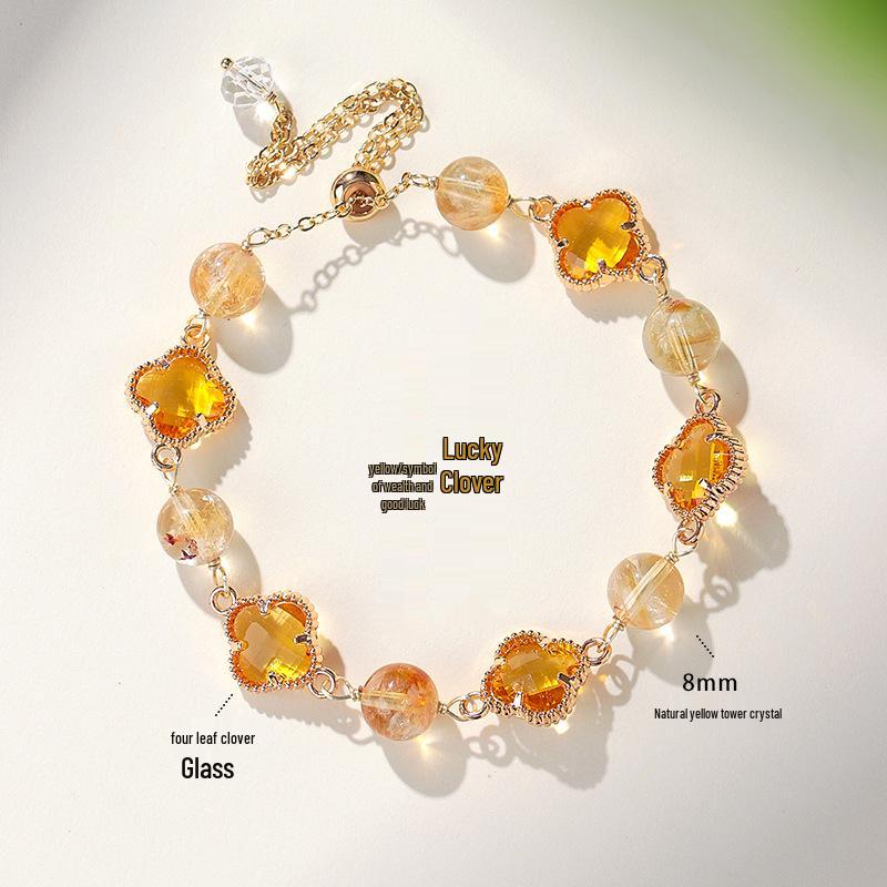 Браслет женский 'Счастливый клевер' с аметистом и розовым кварцем - Четырехлистный клевер Легкая роскошь Модная бижутерия.