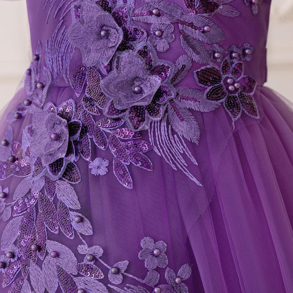 Детское темно-фиолетовое тюль бальное платье вечернее платье подходит для празднования дня рождения выступление жемчужное сетчатое платье принцессы