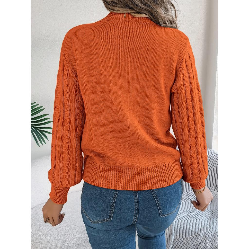 HNXC Autumn and Winter Casual Solid Color Hollowed-out Lantern Sleeve Pullover Sweater Women's Wear