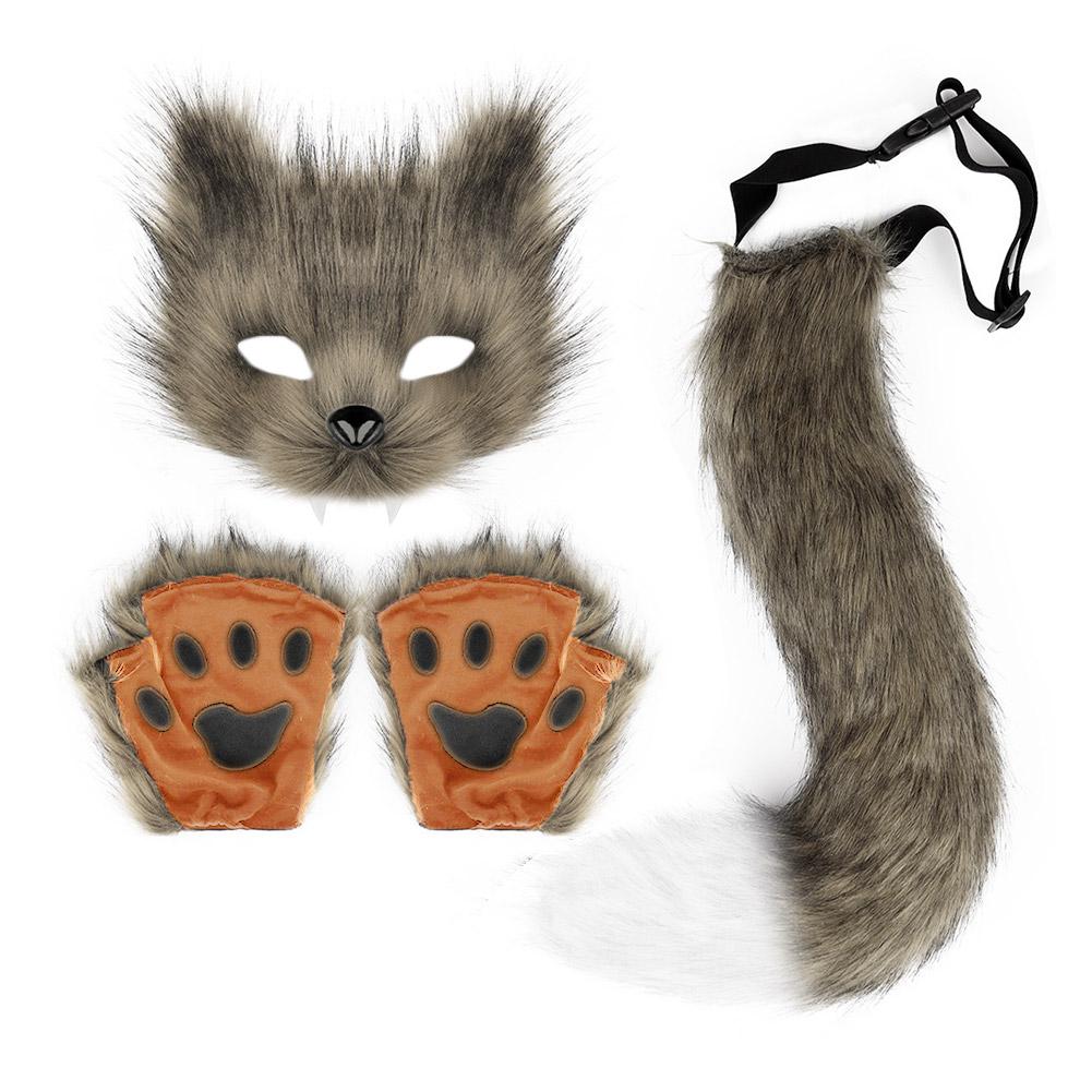 Fox Costume Set Cosplay Halloween Costume Plush Masque Fluffy Paw Gloves Halloween Party Accessories Faux Fur Fox Tail Set