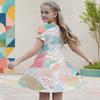 Girls Round Neck Flutter Sleeve A Line Flared Geometric Printed Dress