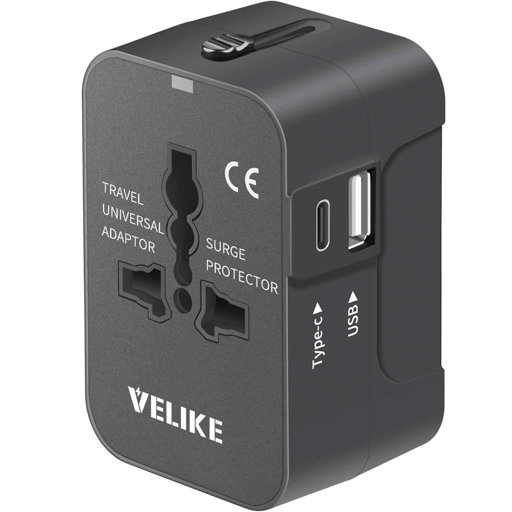 VELIKE Универсальный Адаптер Путешественника, Совместим по всему миру, с 1 портом USB-C и 1 портом USB-A, Преобразователь Типа COBFA, Многоконверсионная Вилка, Адаптер Питания для 200+