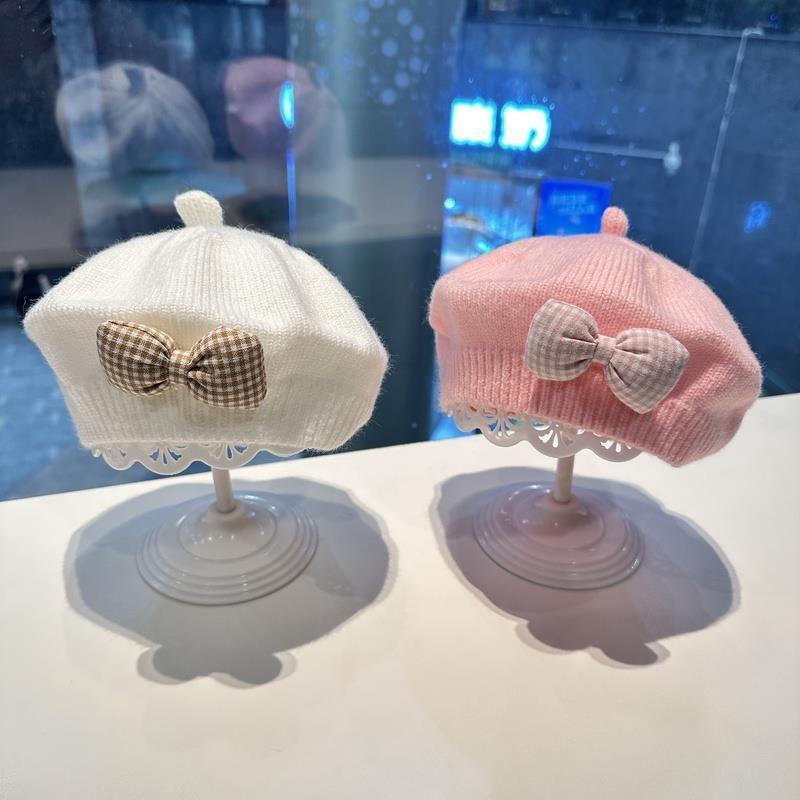 Fashion Cute Baby Hat Solid Color Bow Warm Beret Hat For Girls Vintage Princess Beret Hat Children Autumn Winter Cap Gifts