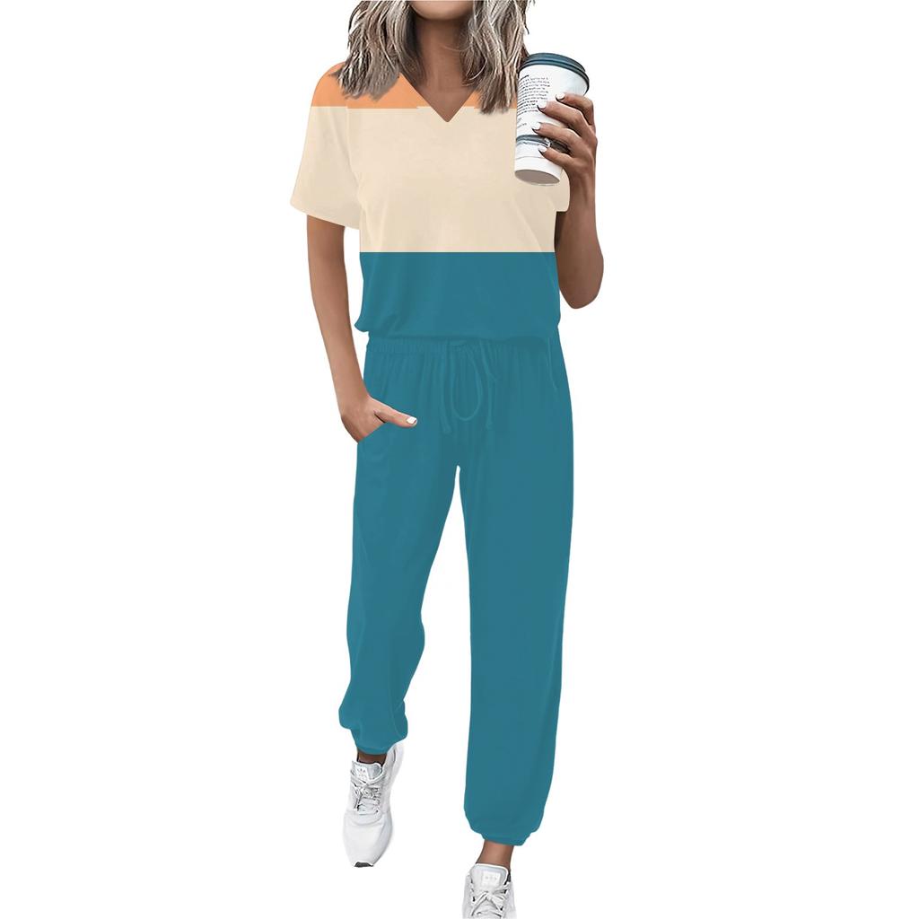 Женский спортивный костюм с V-образным вырезом и коротким рукавом, свободные брюки