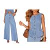 Women's Denim Outfits Sleeveless Casual Button Down Sleeveless Tank Top Vest High Waist Wide Leg Jean Pants
