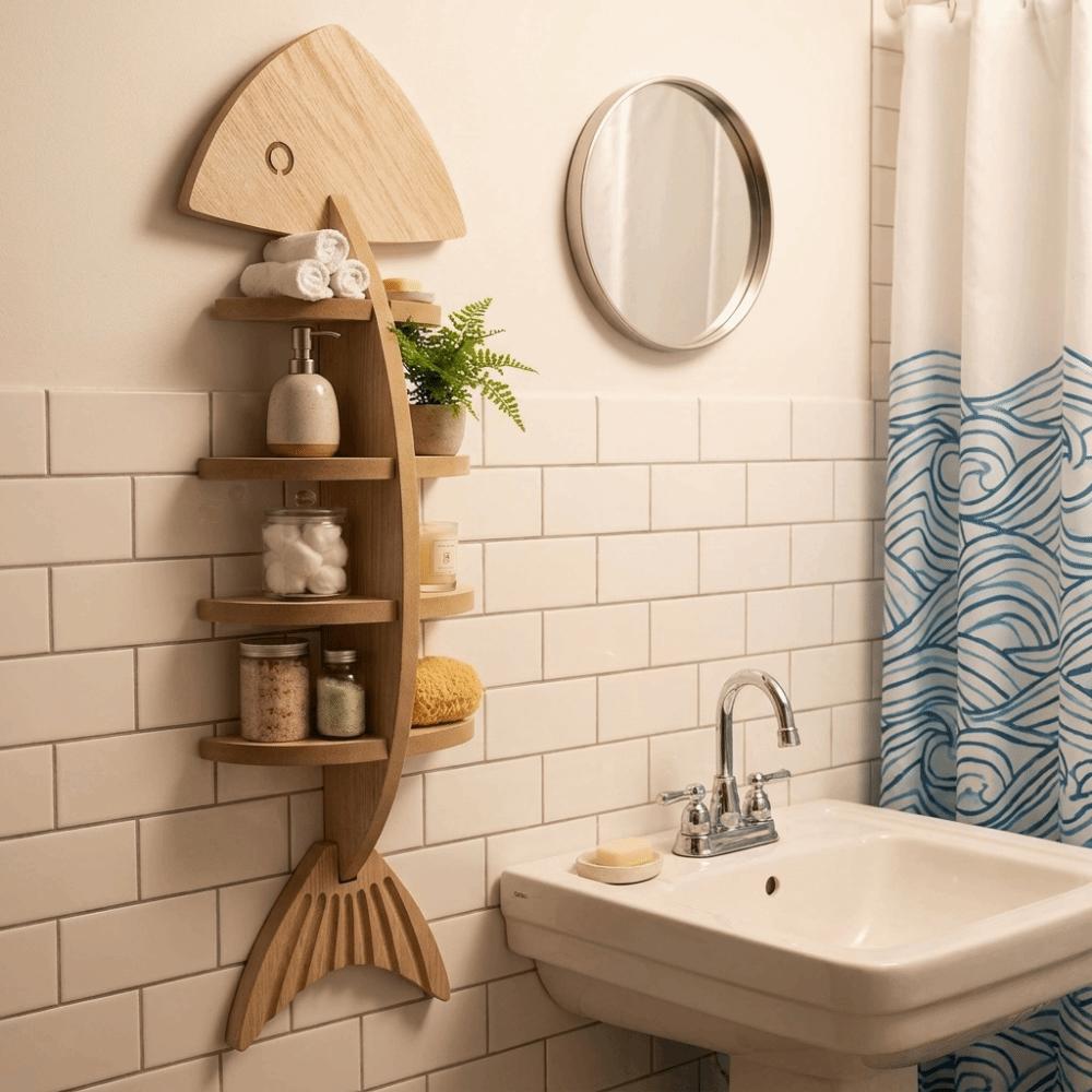 Fish Shaped Fish Bone Shelf Multi-layer Floating Shelf Wooden Wall Mounted Shelf Indoor Organizer