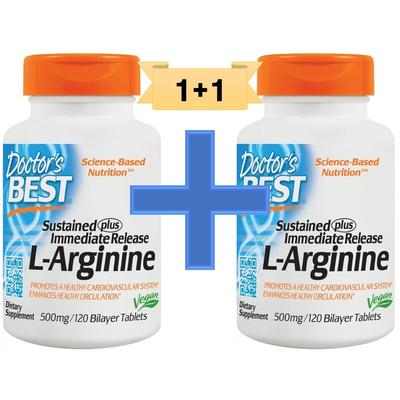 1+1 Doctor's Best L-аргинин 500 мг двухслойные таблетки, 120 2 единицы