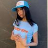 Cute 2000s Aesthetics Letter Print Blue Baby Tees Y2K Streetwear O-neck Short Sleeve Crop Tops Women Fashion 2022 Slim