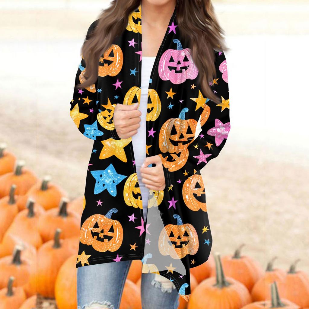 Женская модная повседневная куртка-кардиган средней длины с принтом на Хэллоуин и нерегулярным подолом