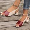 Ladies' Contrasting Color Elegant Sandals, Ankle Cushioned Plaid Comfortable Thick Heel Shoes, Casual Open Toe Shoes