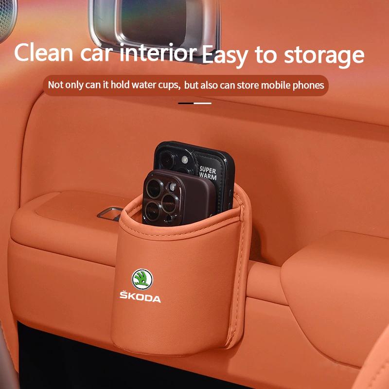 HIAQ2 Leather Car Door Side Water Cup Holder Interior Storage Box For Skoda Superb Octavia Rapid Karoq Enyaq Fabia Kamiq Yeti Scala