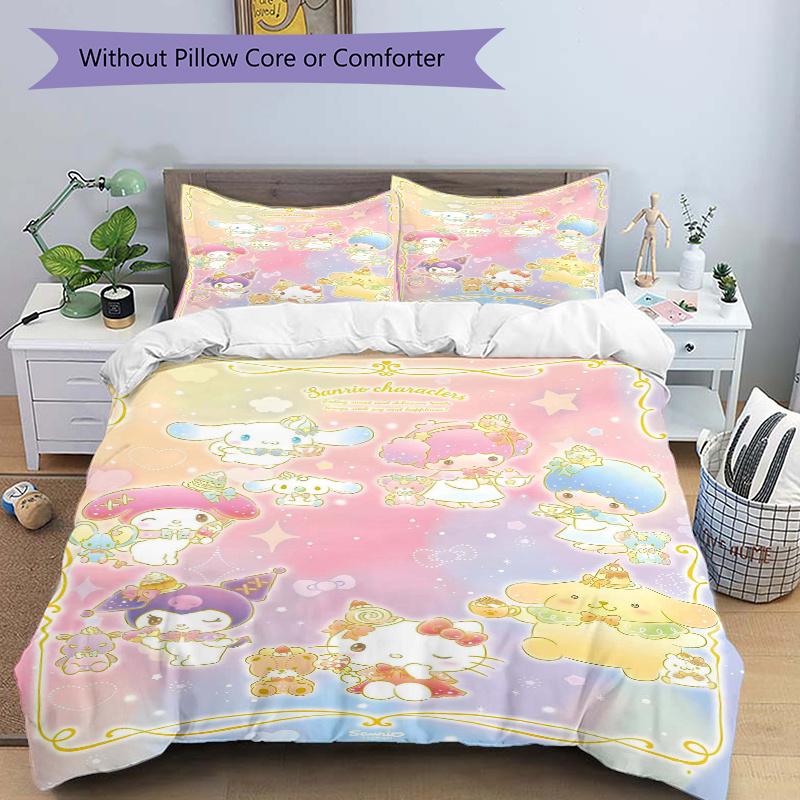 3pcs Joy and Happiness Sanrio Characters Quilt Cover Set - Soft & Comfortable Polyester Fabric, All-Season Breathable Comforter Set For 1 Quilt C
