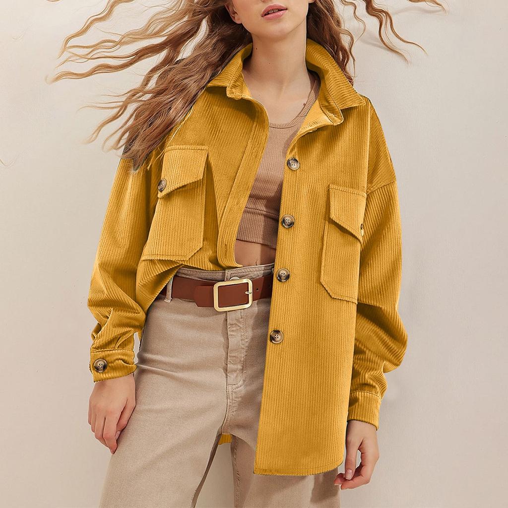 Женская однотонная вельветовая куртка-рубашка с длинным рукавом и карманами