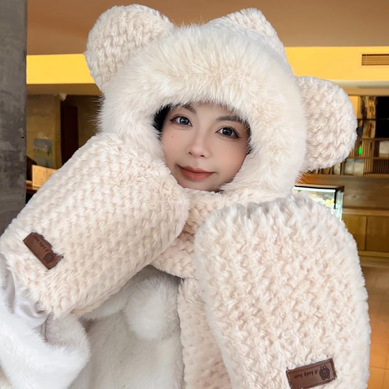 Hat Female Autumn and Winter Warm Knitted Wool Snow Hat Cycling Mother Fashion Ear Protection Headgear Scarf Integrated Hat