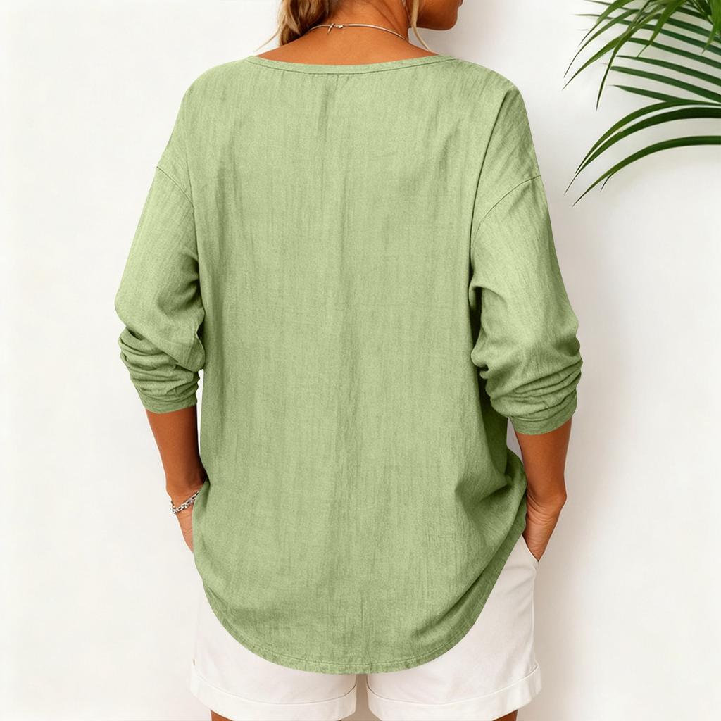 Women's Fashionable Solid Color V-neck Loose Casual Long Sleeved Pullover T-shirt Top