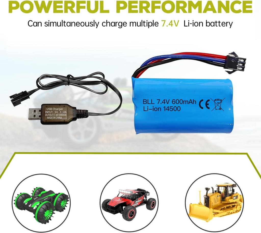 1x Li-ion Аккумулятор 7.4V 600mAh 2S с разъемом SM-3P + USB-кабель – Совместим с радиоуправляемой машиной DE82, TK3086B, TK-3082B, G20601, Машина-перевертыш