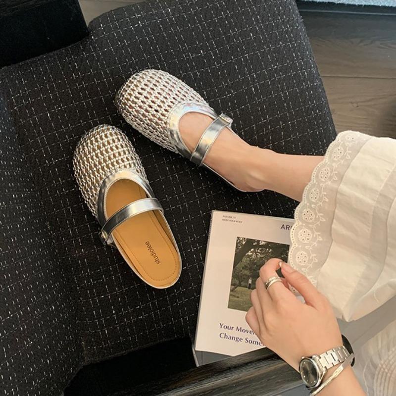 Sheepskin Hollow Woven Mesh Bag Head Half Drag Lazy Slippers Women's Summer Wear Mary Jane Cool Slippers