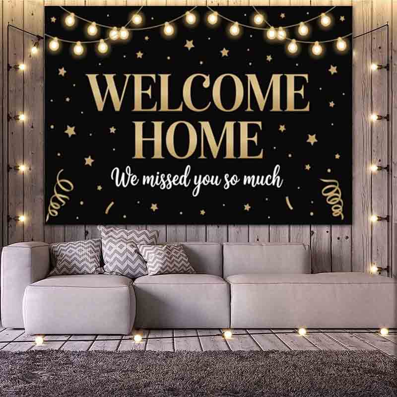 Welcome Home Photography Backdrop Black Gold String Lights Star Streamers Family Reunion Party Decor Photo Banner