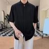 Мужская летняя рубашка с воротником-стойкой из ледяного шелка, сплошной цвет, плиссированный свободный крой, кардиган с половиной рукавов, средней длины, повседневный деловой зрелый мужской офисный топ