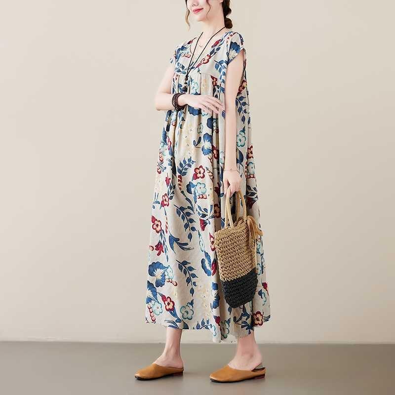 Новое литературное ретро платье большого размера свободное тонкое с короткими рукавами длинное женское