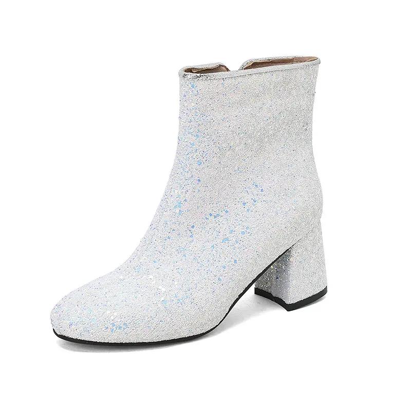 Gold Silver Blue Sequined Cloth Glitter Shoes Women High Heels Ankle Boots