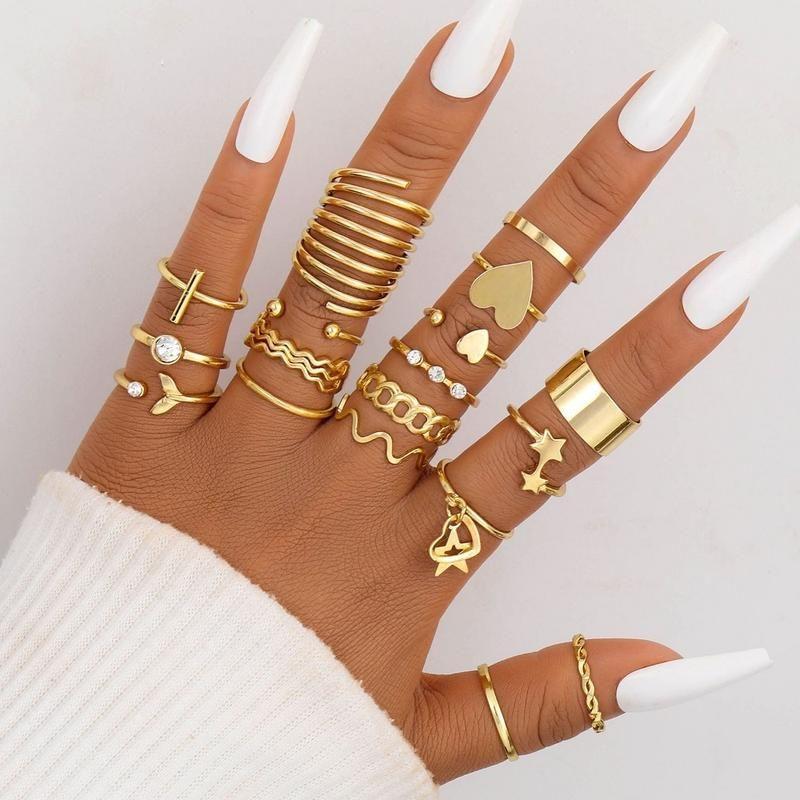 Vintage Gold Color Heart Rings Set For Women Men Fashion Hollow Star Pearl Crystal Geometric Rings Trendy Finger Jewelry Gifts