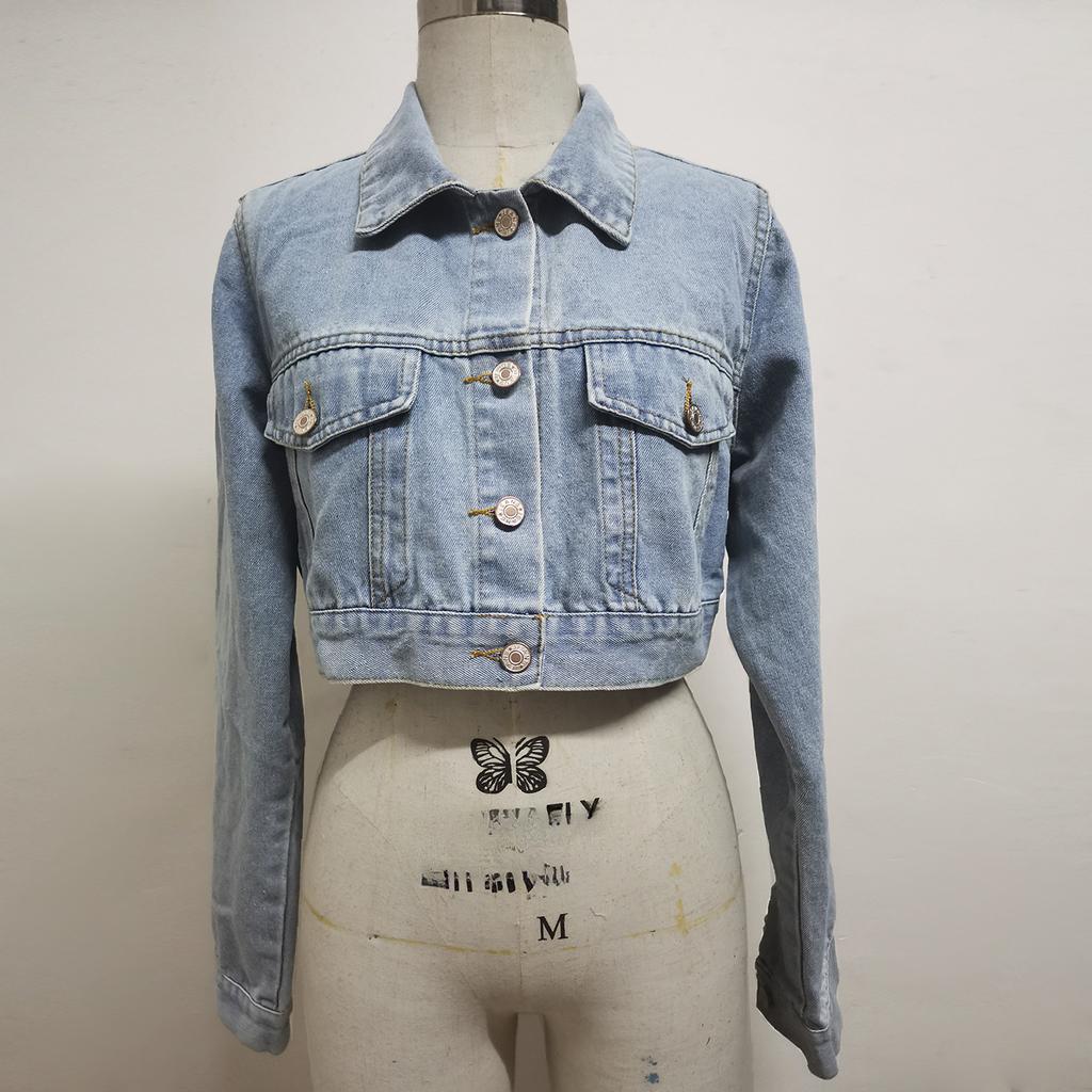 Весенне-осенняя женская модная короткая джинсовая куртка с лацканами