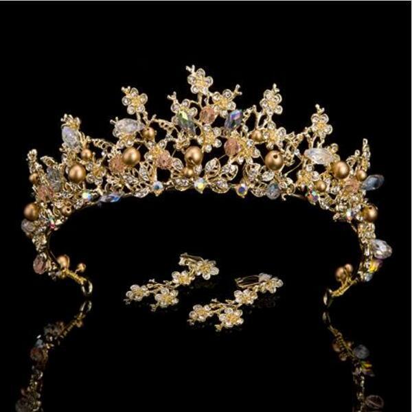 Luxury Pink Gold Pearl Bridal Crowns Handmade Tiara Bride Headband Crystal Wedding Diadem Queen Crown Wedding Hair Accessories