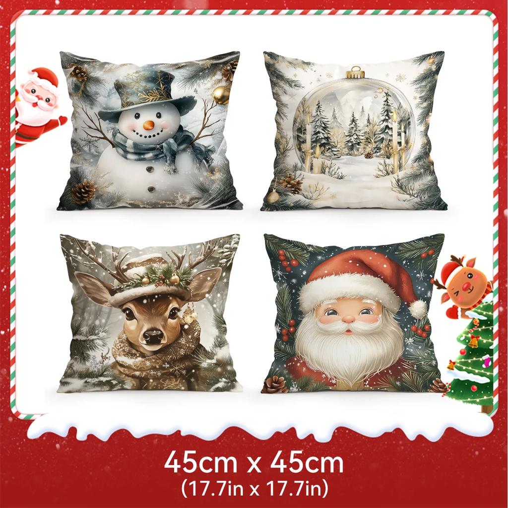 4 Pcs Retro Christmas Style Single-Sided Printed Pillowcase Cushion Cover,Suitable For Living Room,Bedroom,Car Decoration