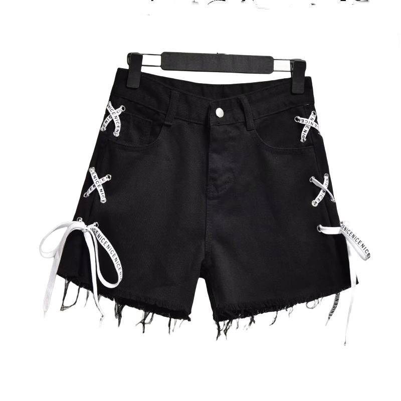 Джинсовые шорты женские летние в корейском стиле с высокой талией для студентов свободные и тонкие широкие шорты с повязками большого размера тренд Y2k Rave