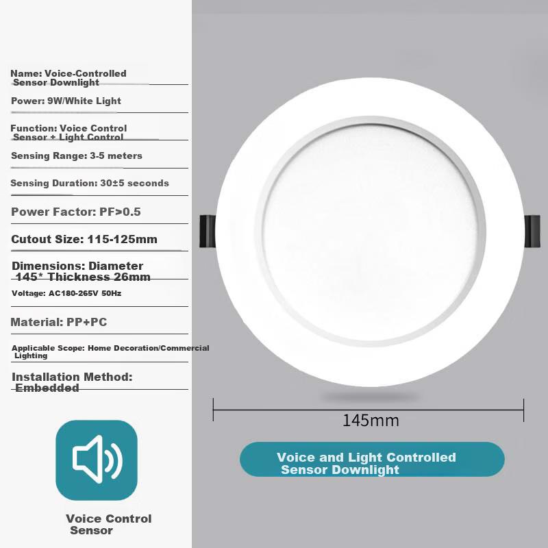 Jinggong Voice-Controlled Sensor LED Recessed Downlight Ultra-Thin High-Brightness Corridor Office Mall 9W White Light 4-Inch Cutout 115*125mm
