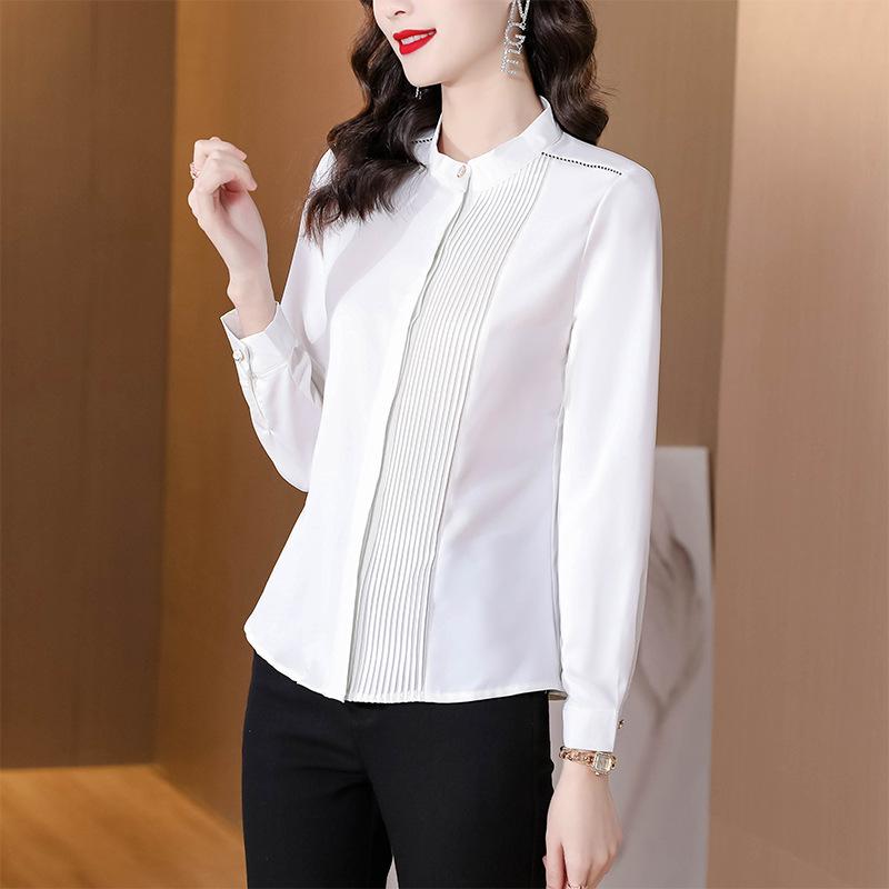 Новая демисезонная рубашка для通勤 с воротником-стойкой, плиссированная однобортная, универсальная с длинным рукавом, базовый слой для женщин
