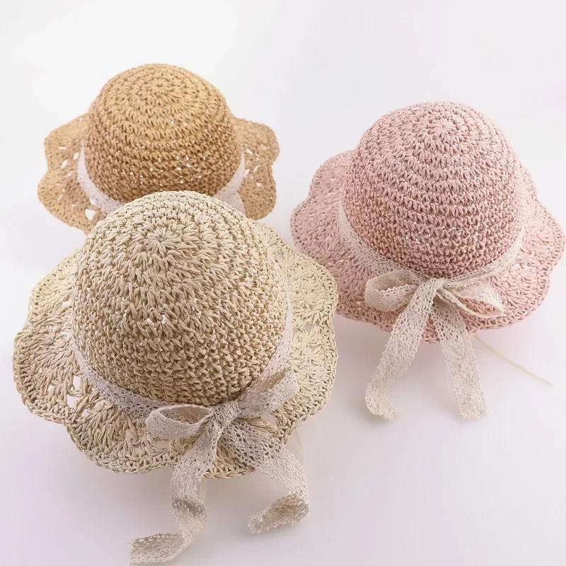 Cute Fashion Summer Children's Straw Hat Girls Breathable Lace Cap Bow Beach Sun Hat Wide Brim Kids Princess Travel Sunshade Hat