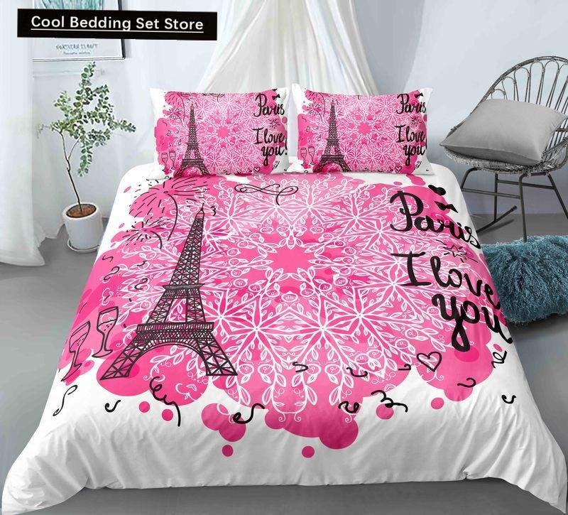 Пододеяльник с изображением парижской башни King Queen Знаменитые здания во Франции Комплект постельного белья для взрослых Розовый Романтический 2/3 шт. Полиэстеровый пододеяльник
