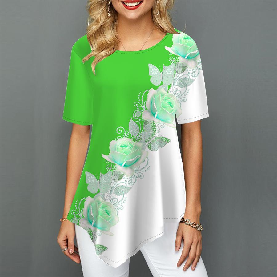 Women Plus Size Ladies Tee Shirts Rose Wreath Print Loose Casual Tops Female Irregular Summer Clothes