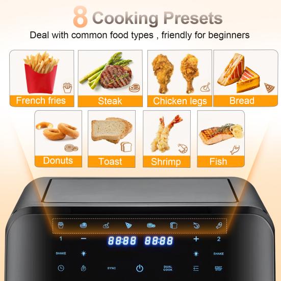 Аэрофритюрницы Двухзонные Аэрофритюрницы с Окном 9 л Вместимость Двойные Аэрофритюрницы 2 Ящика Сенсорный Экран Функция Умного Таймера (EU Plug)