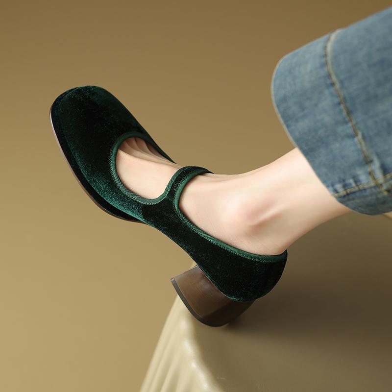 2024 Spring Fashion Single Shoes Women's New Elegant Black Sheep Velvet Mid-high Heels Ladies All-Match Buckle Mary Jane Shoes