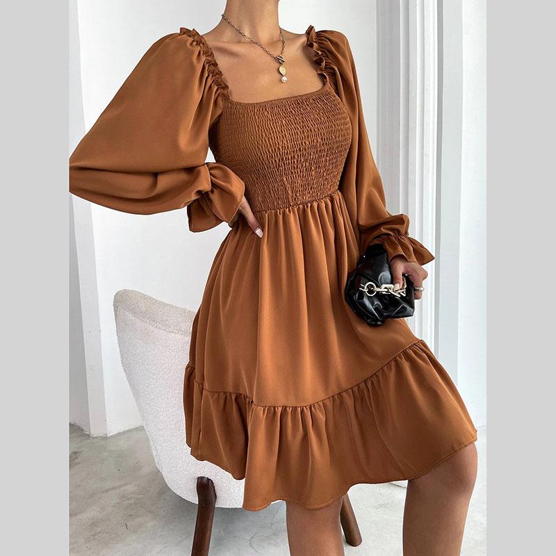 Женское весенне-осеннее платье с рукавами-фонариками, квадратным воротником и оборками, однотонное вечернее платье