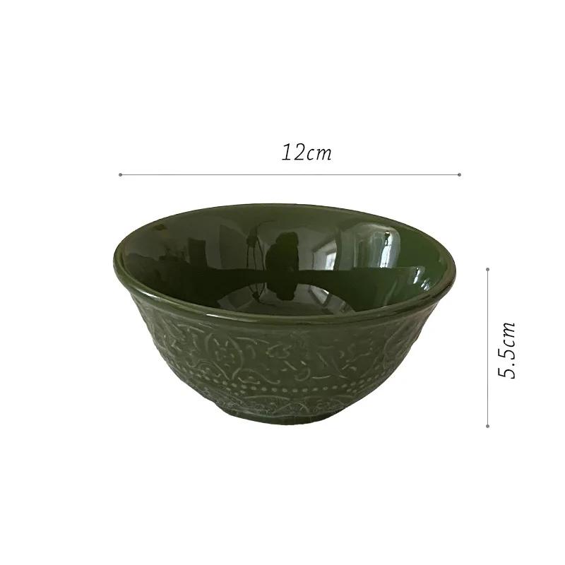 Винтажная рельефная керамическая тарелка Зеленый креативный цветок Обеденные тарелки Бытовая вкусная посуда Подносы Изысканные суповые миски Столовая посуда