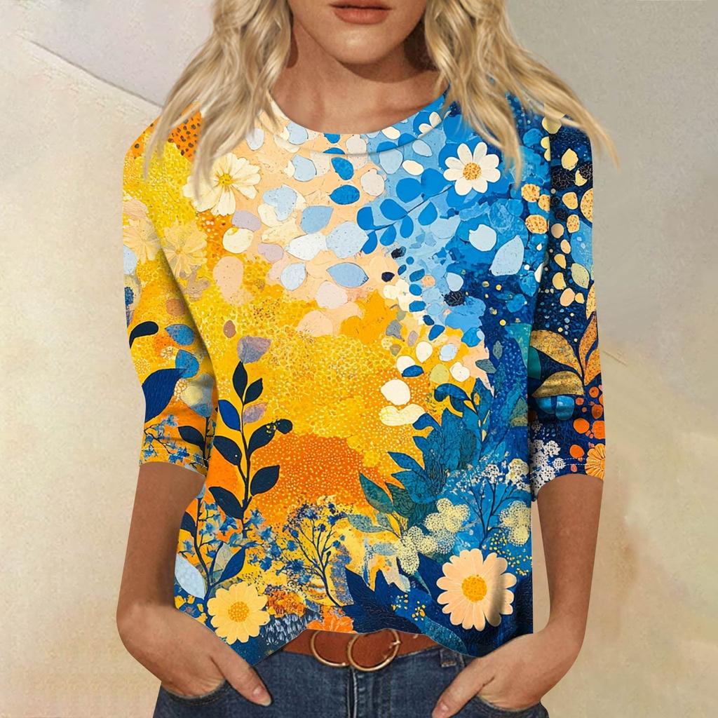Женская модная повседневная свободная футболка с круглым вырезом и рукавами 3/4 с принтом, женский топ