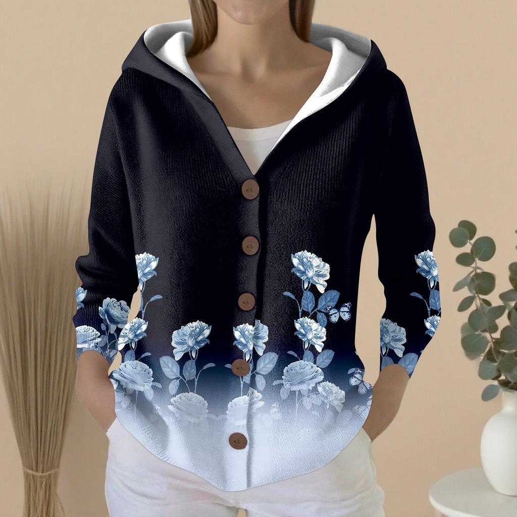 Women's Fashion Casual Sweater Button-Up Print Cardigan Hooded Jacket